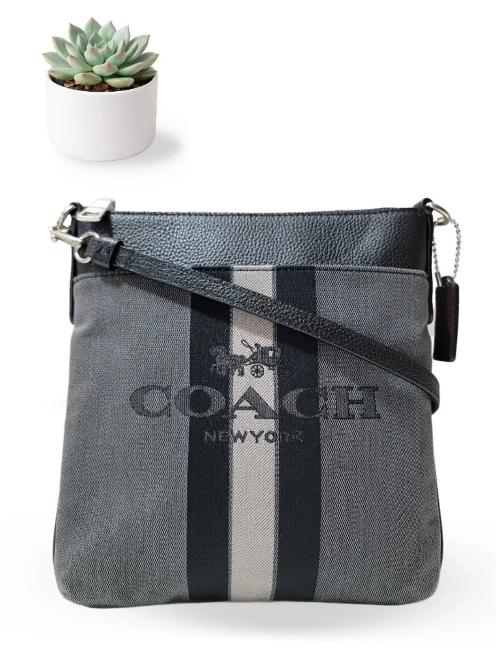 Coach Kitt Crossbody Charcoal Grey Signature Varsity Stripe Messenger Bag